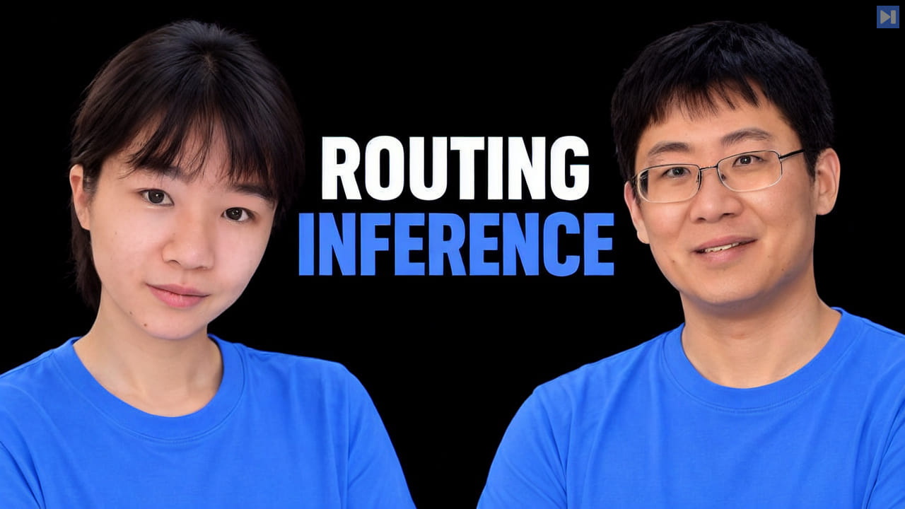 Qianru Lao on the left and Lu Zhang on the right in blue tops beside the white and blue headline ROUTING INFERENCE on a black background.