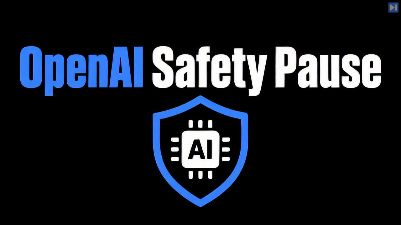 The headline OpenAI Safety Pause above a blue shield surrounding a white AI chip on a black background.