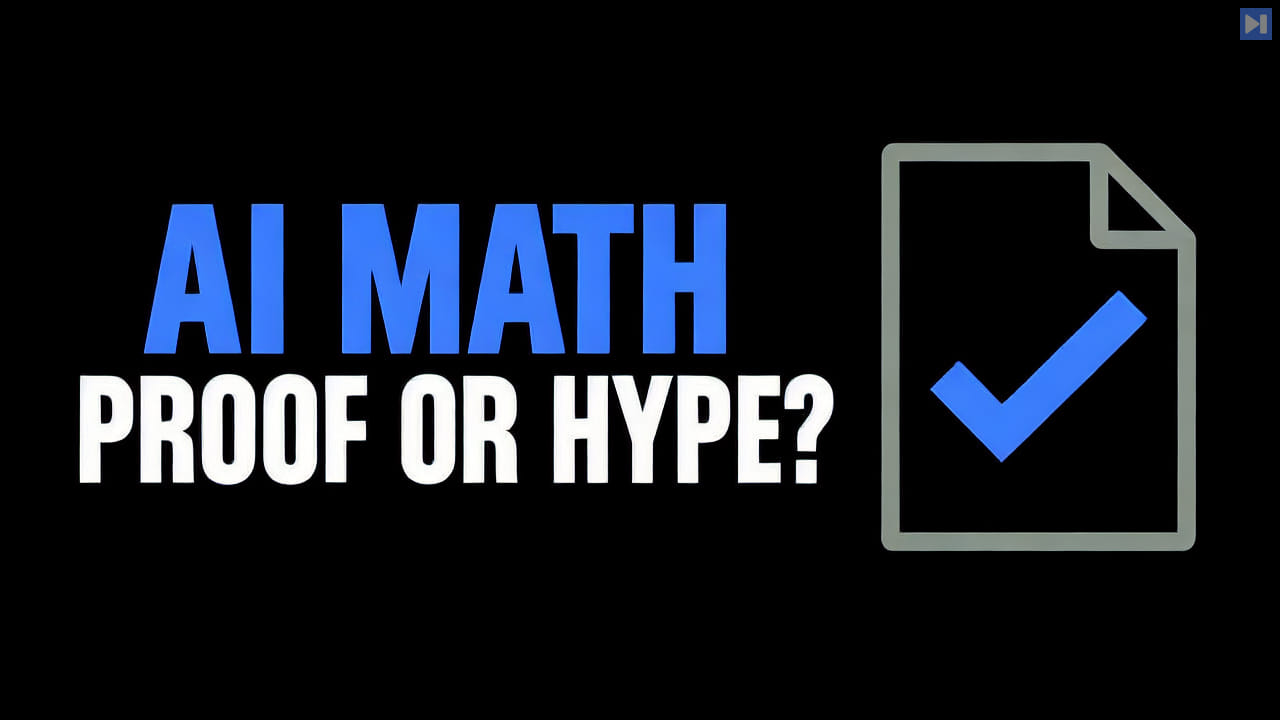 A flat document outline and blue check mark beside the blue and white headline AI Math Proof or Hype? on black.
