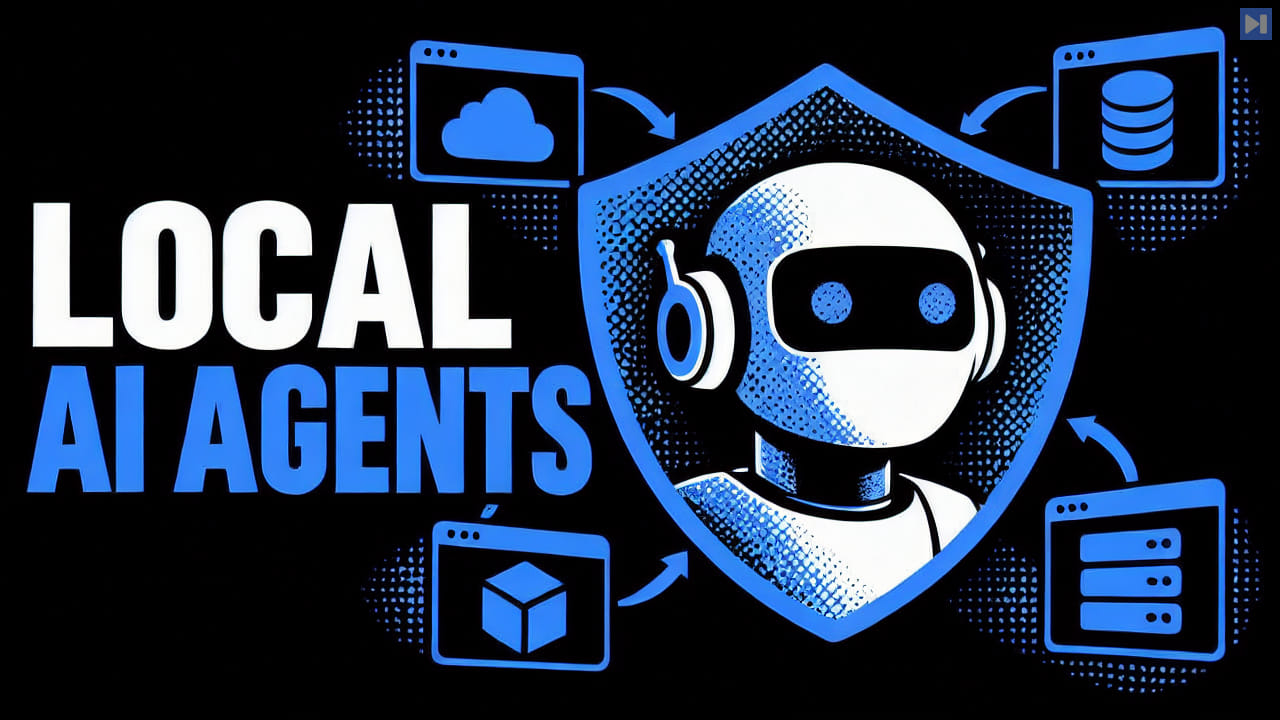 A screen-print illustration of a robot inside a shield, surrounded by model and service symbols, beside the blue and white headline LOCAL AI AGENTS.