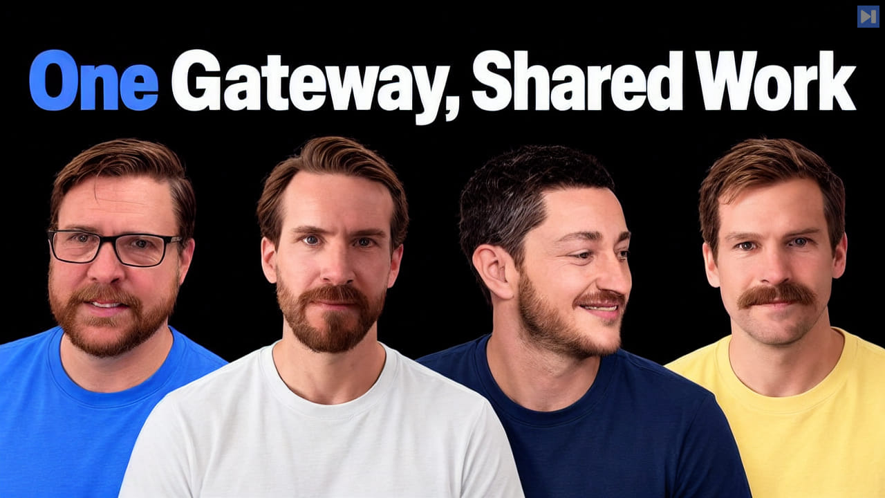 Hannes Rudolph, Patrick Erichsen, Peter Steinberger and Josh Lehman against black beside the headline One Gateway, Shared Work.