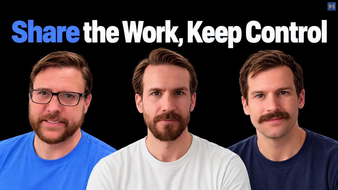 Hannes Rudolph, Patrick Erichsen and Josh Lehman against black beside the headline Share the Work, Keep Control.