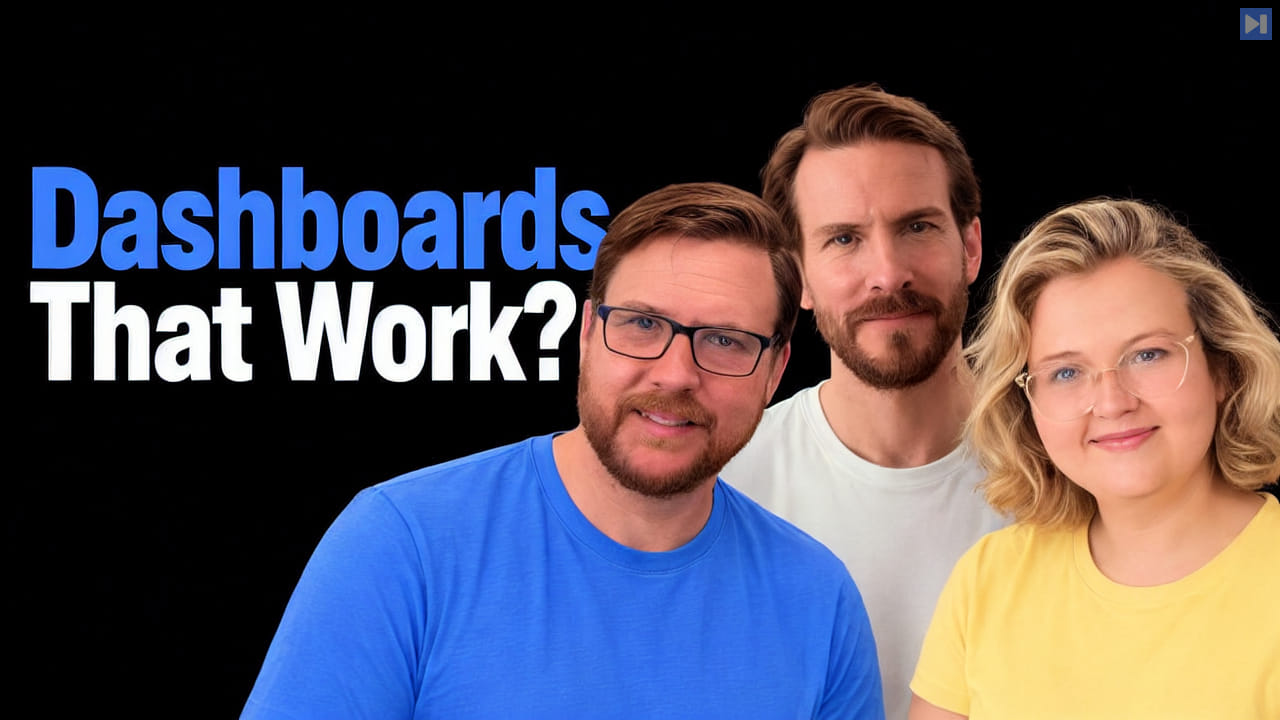 Hannes Rudolph, Patrick Erichsen and Jacqueline Henriksen against black beside the headline Dashboards That Work?.