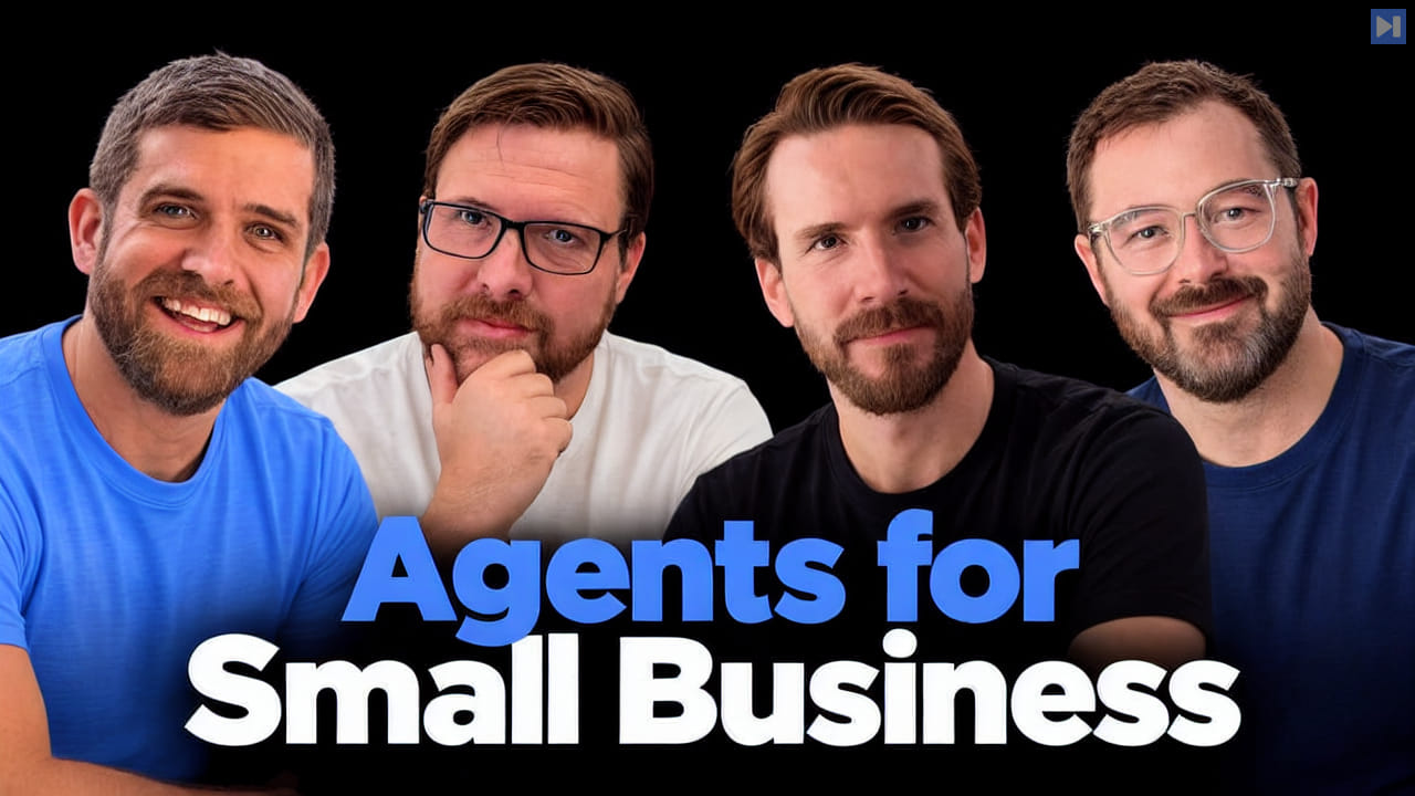 Principal people from the reviewed video on black beside the blue and white headline Agents for Small Business.