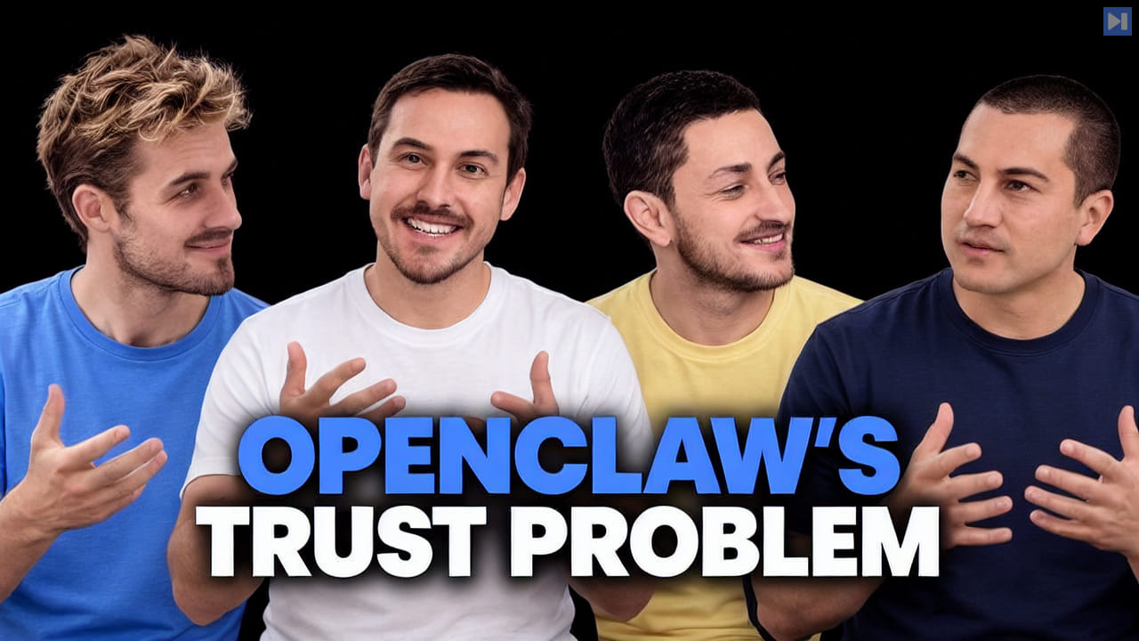 Pierce Freeman, Richard Diehl Martinez, Peter Steinberger and Mitchell Hashimoto against black with the blue and white headline "OPENCLAW'S TRUST PROBLEM".