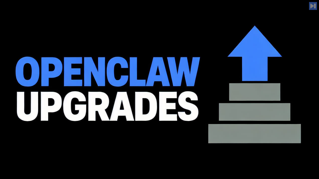 A flat blue upward arrow above three stacked rectangles beside the blue-and-white headline “OPENCLAW UPGRADES” on black.