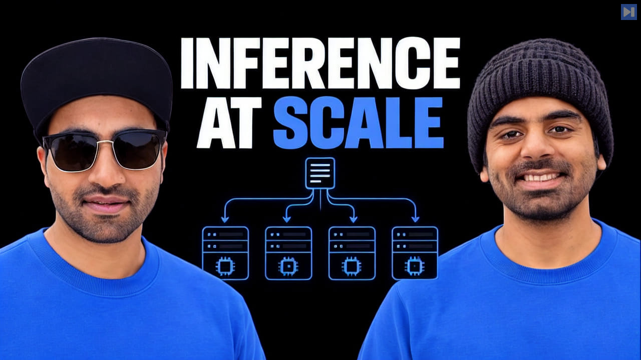 Nishant Gupta in a cap and sunglasses and Naman Ahuja in a knit beanie flank the blue-and-white INFERENCE AT SCALE headline and a GPU routing diagram on black.