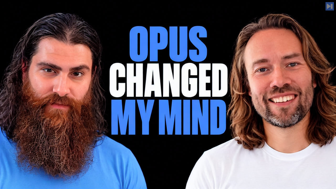 Mo Bitar in blue and David Heinemeier Hansson in white beside the blue and white headline 'OPUS CHANGED MY MIND' on black.