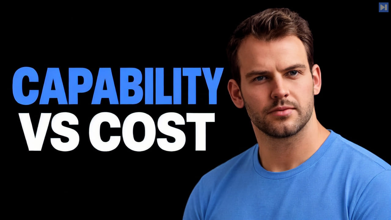 Nathaniel Whittemore in a blue top beside the blue-and-white headline “CAPABILITY VS COST” on black.
