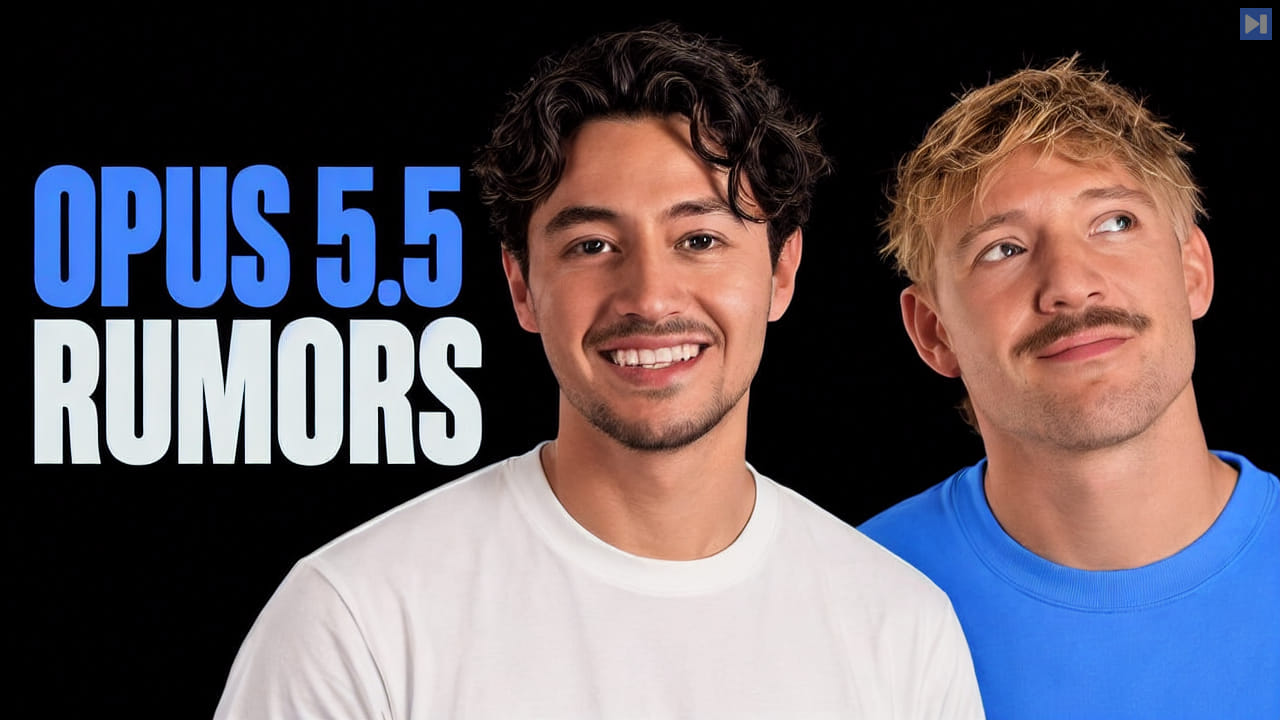 Nick Saraev in an off-white shirt and Jack Roberts in an attention-blue shirt beside the stacked blue and off-white headline OPUS 5.5 RUMORS on a black background.