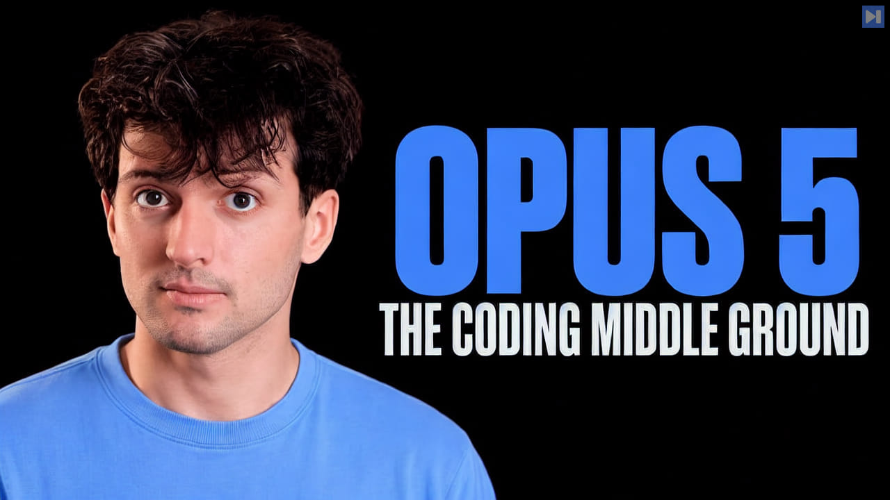 Theo Browne in a blue top beside blue “OPUS 5” and white “THE CODING MIDDLE GROUND” on black.