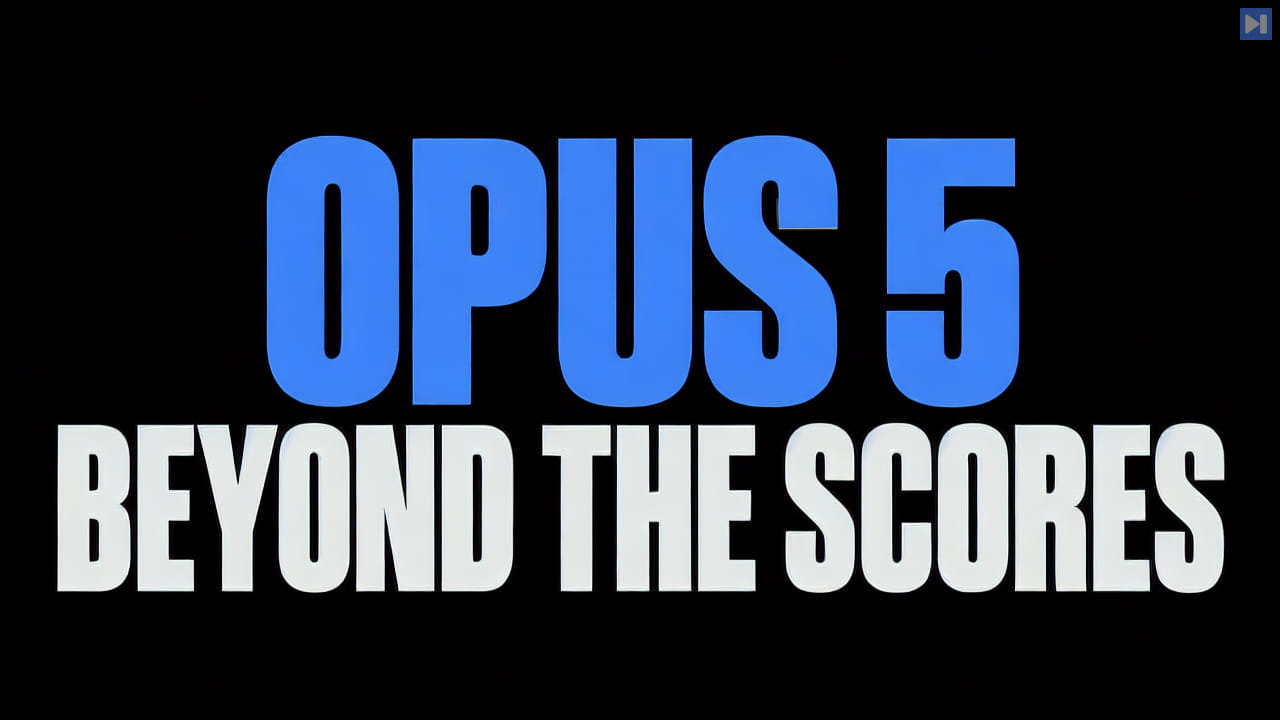 Blue “OPUS 5” above white “BEYOND THE SCORES” on a plain black background, with no people.