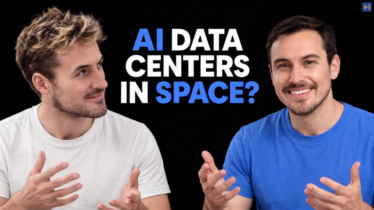 Pierce Freeman and Richard Diehl Martinez in blue and white tops against black, alongside the blue and white headline "AI DATA CENTERS IN SPACE?".