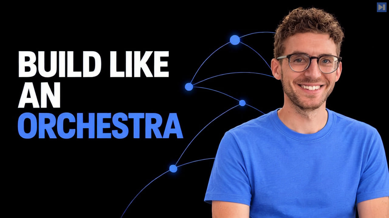 Charlie Holtz smiles beside the white-and-blue headline 'BUILD LIKE AN ORCHESTRA' with thin blue arcs and nodes on black.