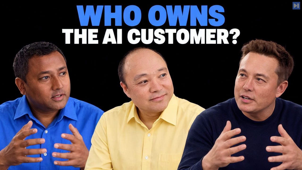 Royden D'Souza, Brian Wang and Elon Musk beside the headline Who Owns the AI Customer on a black background.