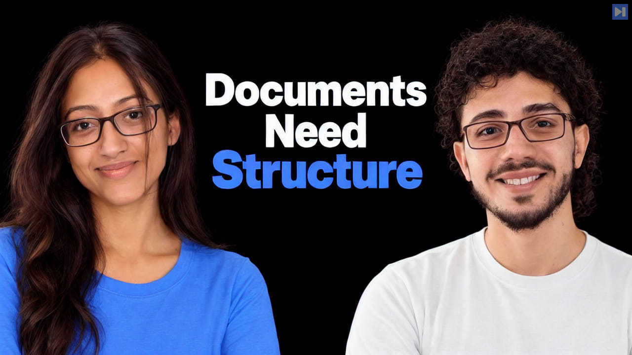 Palak Agarwal in blue and Omar Alhait in white flank the blue and white headline Documents Need Structure on black.