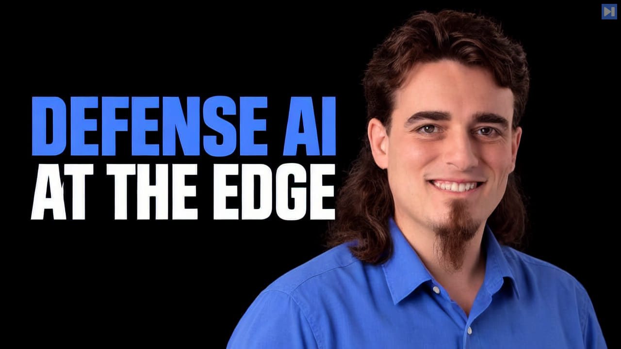 Palmer Luckey in a blue shirt at right beside the blue and white headline "DEFENSE AI AT THE EDGE" on black.