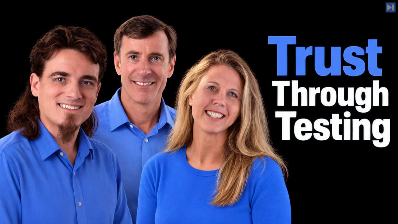 Palmer Luckey, Clay Mowry and Jessica Peterson in blue tops beside the blue Trust and white Through Testing headline on black.