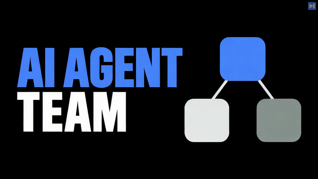 Three connected blue agent blocks beside the headline AI AGENT TEAM on a black background.
