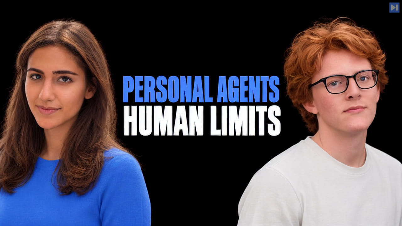 Houda Nait El Barj and Theo Jaffee against a black background beside the blue and white headline “PERSONAL AGENTS / HUMAN LIMITS”.