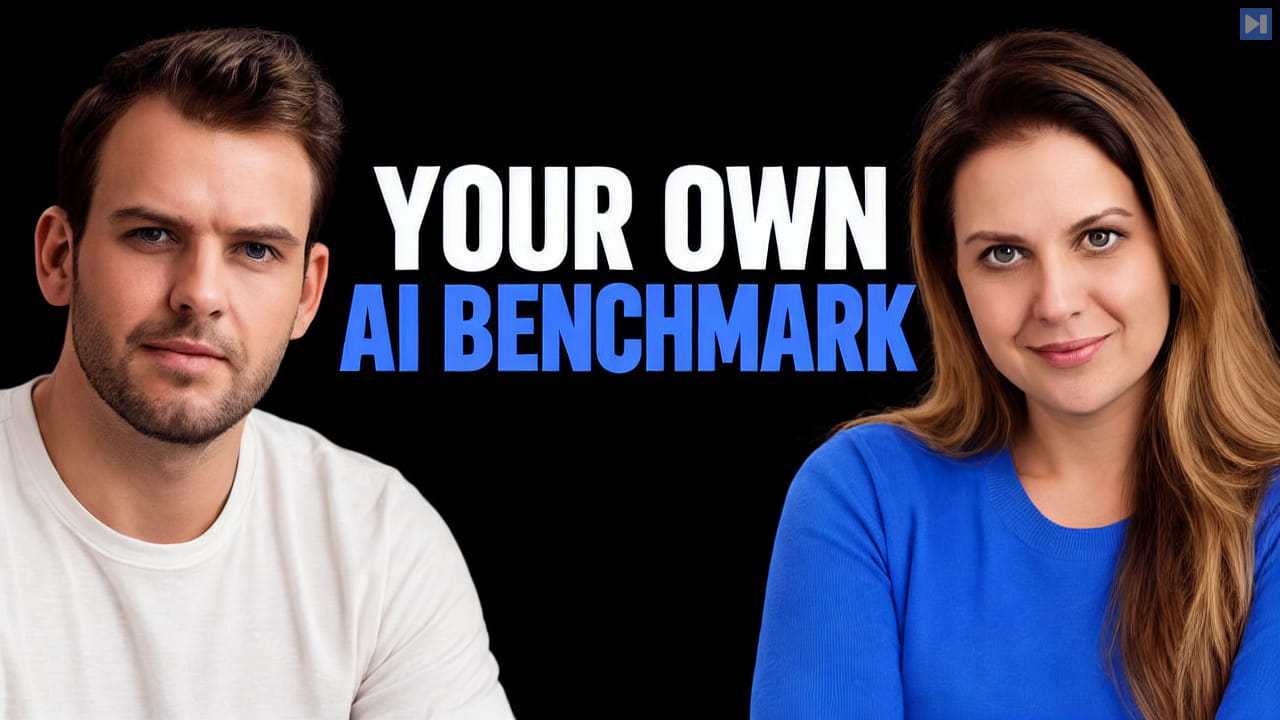 Nathaniel Whittemore and Nufar Gaspar beside the blue and white headline YOUR OWN AI BENCHMARK on a black background.
