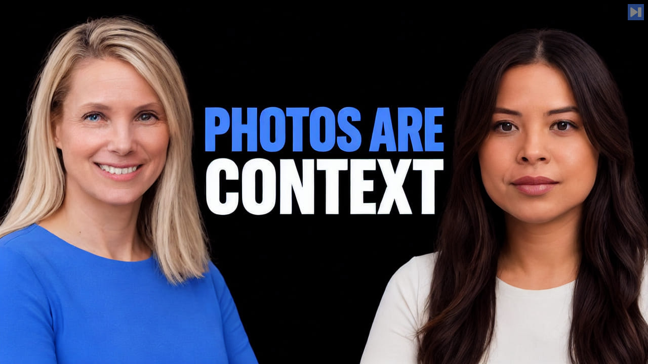 Marissa Mayer, Sophia Dew beside the blue-and-white headline PHOTOS ARE CONTEXT on a black background.