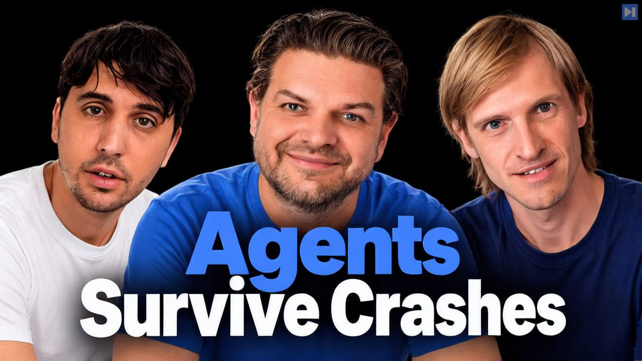 0xSero in white, Mario Zechner in blue and Armin Ronacher in navy above the blue and white headline Agents Survive Crashes on black.
