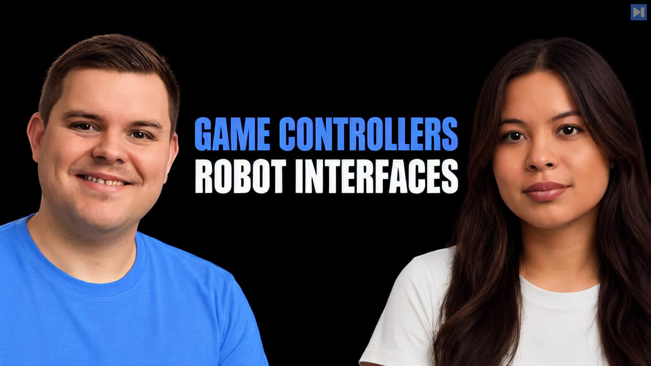 Pim de Witte in blue and Sophia Dew in off-white flank the blue and white “GAME CONTROLLERS ROBOT INTERFACES” headline on black.