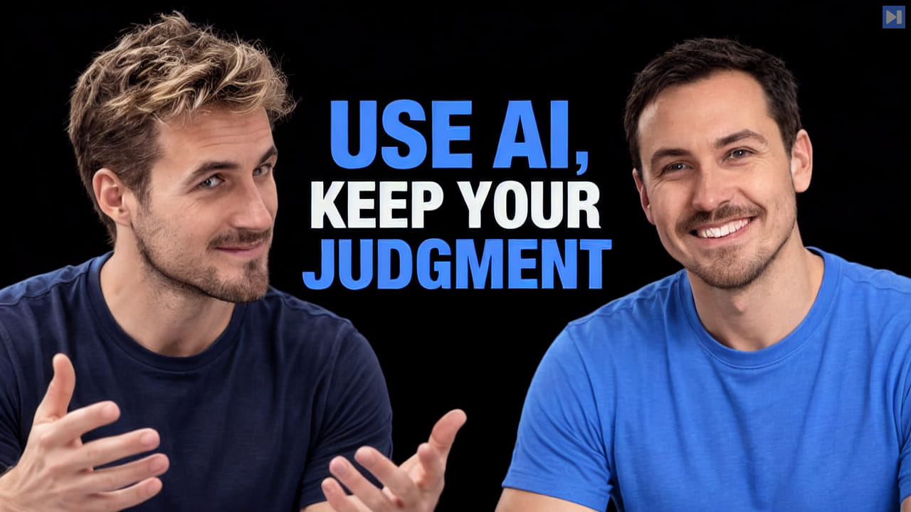 Pierce Freeman and Richard Diehl Martinez in navy and blue tops against black, one gesturing beside the blue and white headline 'USE AI, KEEP YOUR JUDGMENT'.