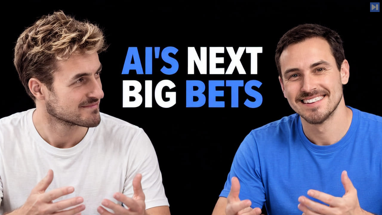 Pierce Freeman and Richard Diehl Martinez in blue and white tops against black, alongside the blue and white headline "AI'S NEXT BIG BETS".