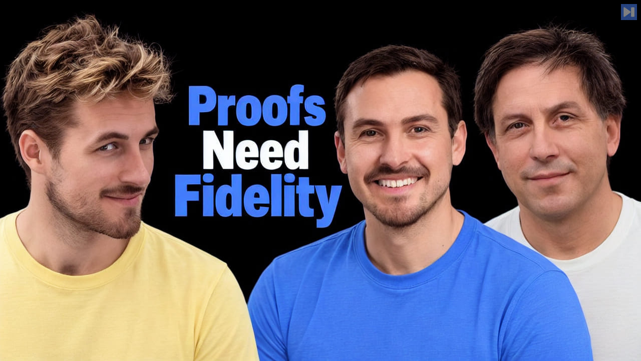 Pierce Freeman, Richard Diehl Martinez and Steven Kivelson appear beside the blue and white headline Proofs Need Fidelity on black.