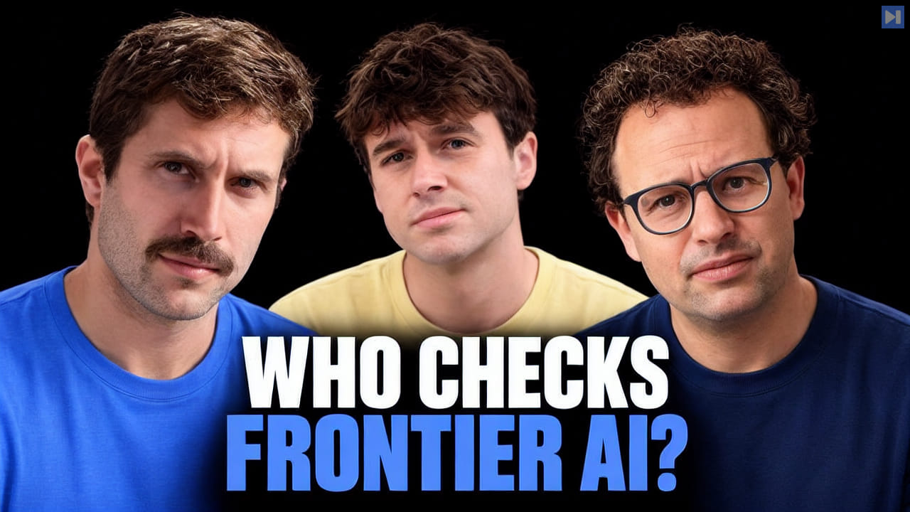 ThePrimeagen, Jacob Coxon and Dario Amodei in blue, pale yellow and navy above the blue and white headline “Who Checks Frontier AI?” on black.