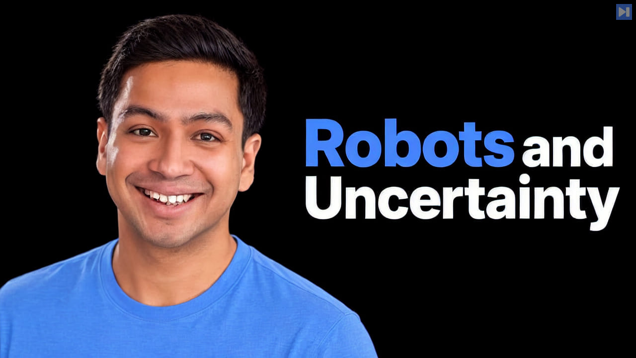 Anirudha Majumdar in a light-blue top on the left beside the blue and white Robots and Uncertainty headline on black.