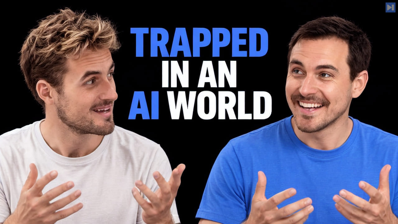 Pierce Freeman and Richard Diehl Martinez in blue and white tops against black, alongside the blue and white headline "TRAPPED IN AN AI WORLD".