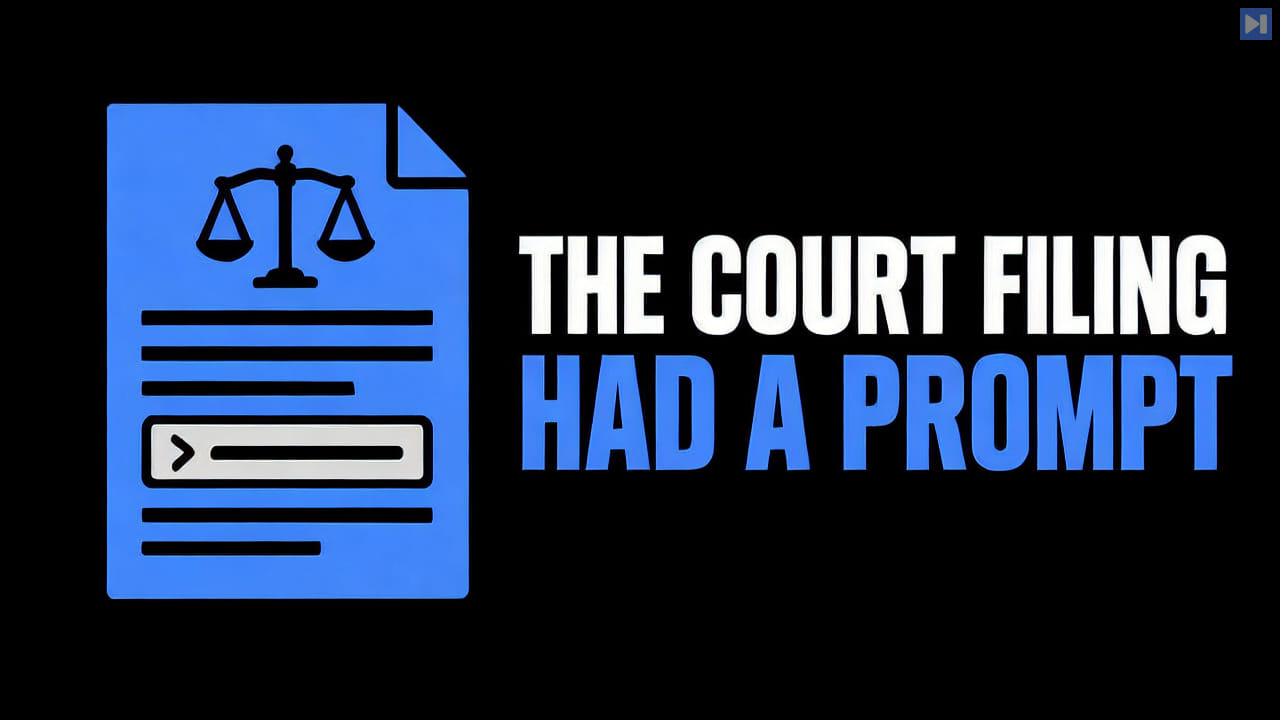 A flat attention-blue court filing icon beside the headline The Court Filing Had a Prompt on a black background.