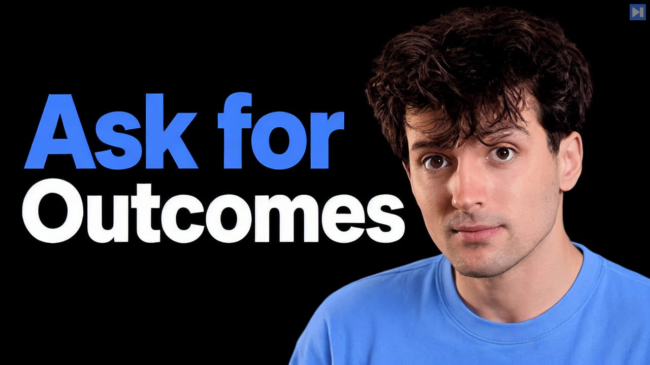 Theo Browne against black beside the headline Ask for Outcomes.