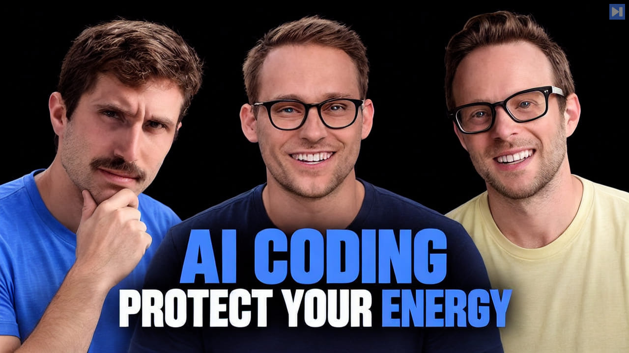 ThePrimeagen, Aaron Francis and Scott Tolinski above the blue and white headline “AI CODING PROTECT YOUR ENERGY” on black.
