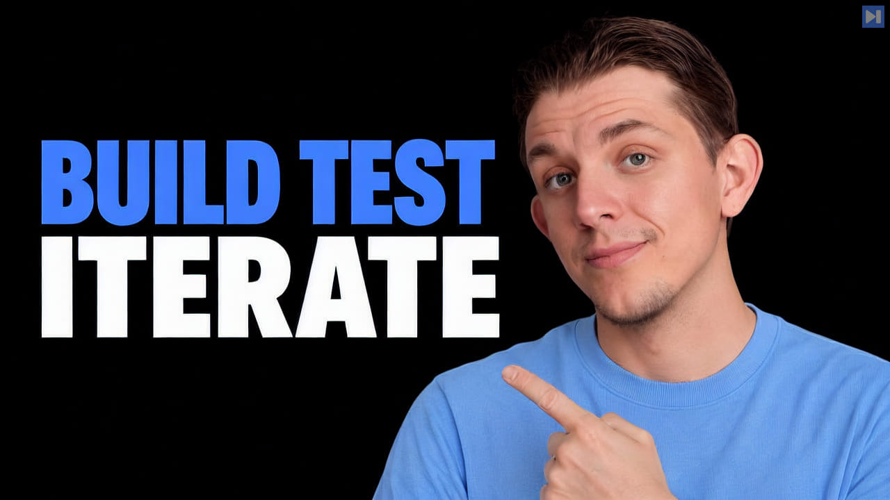 Riley Brown beside the blue-and-white headline BUILD TEST ITERATE on a black background.