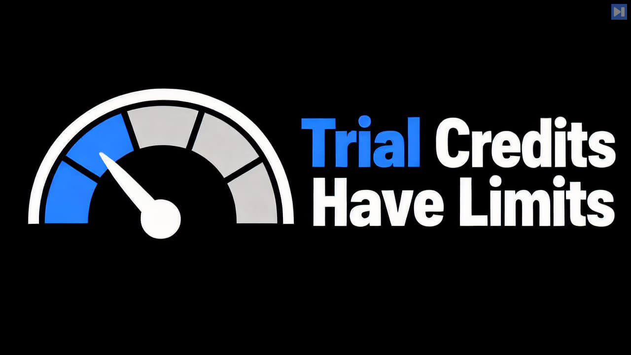 A flat credit meter illustration with the blue and white headline Trial Credits Have Limits on black.