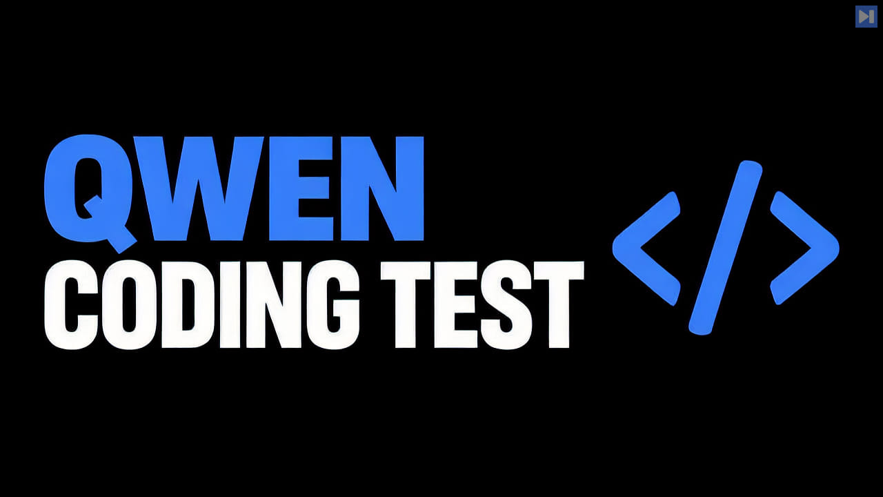 A flat blue code-bracket illustration beside the blue and white headline Qwen Coding Test on black.