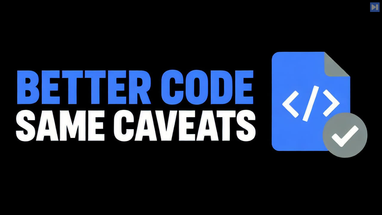 A simple code-document and check illustration beside the blue and white headline Better Code Same Caveats against a black background.