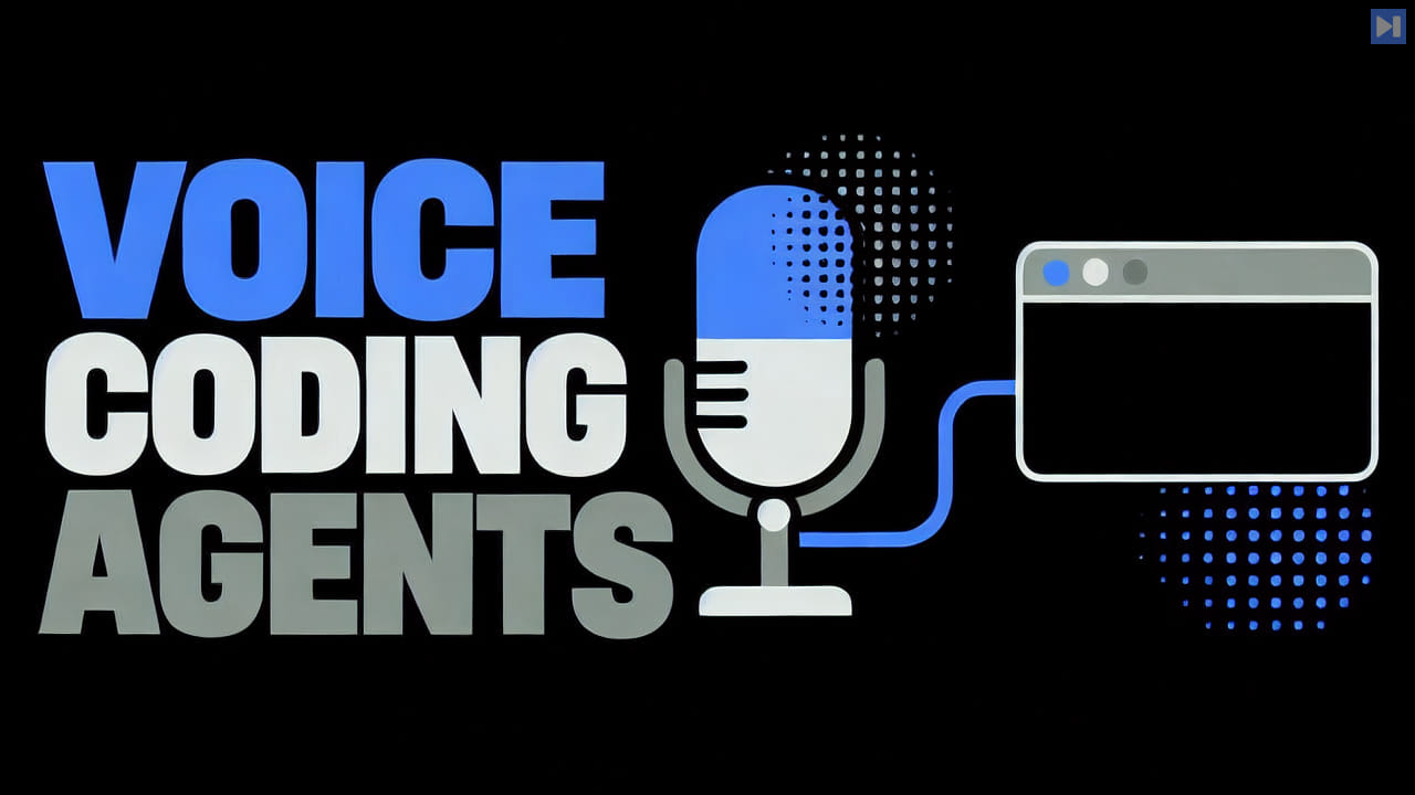Flat illustration of a microphone and coding window with the headline VOICE CODING AGENTS.