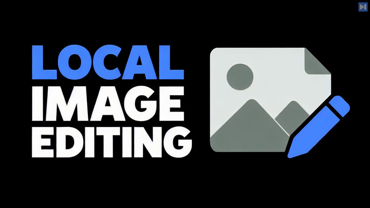 A flat image-editing icon with a blue pencil beside the blue-and-white headline “LOCAL IMAGE EDITING” on black.