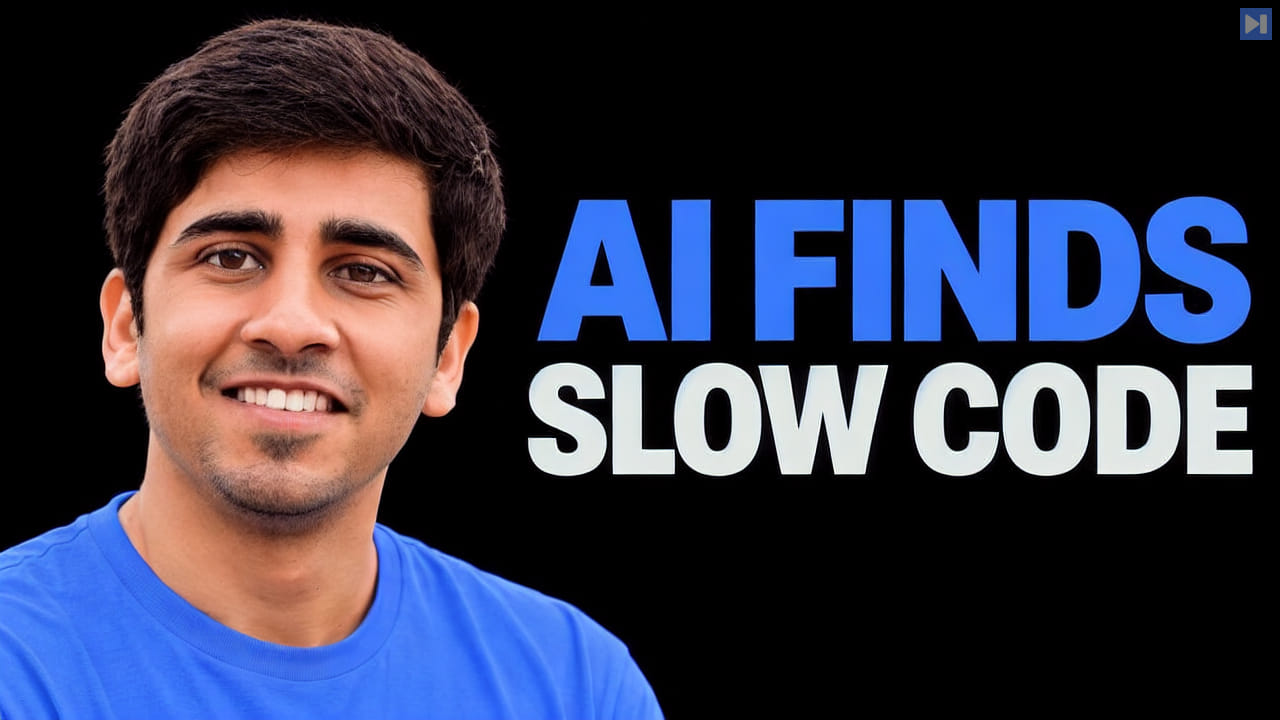 Rajat Shah in a blue top beside the blue-and-white headline “AI FINDS SLOW CODE” on black.