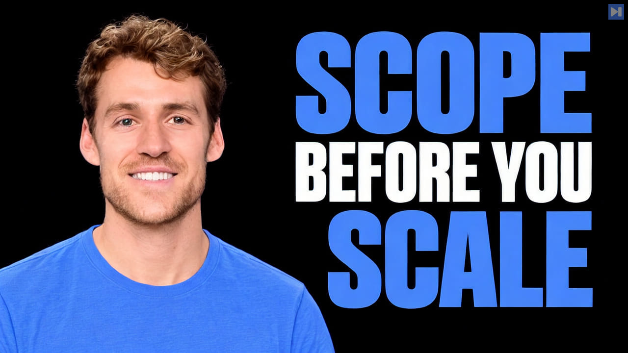 Leo Mehr in a plain blue T-shirt beside the headline Scope Before You Scale on a pure black background.