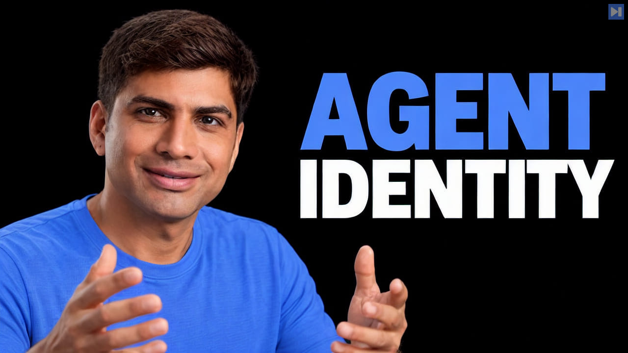 Ravi Madabhushi in a plain blue shirt against black, beside the blue and white headline Agent Identity.