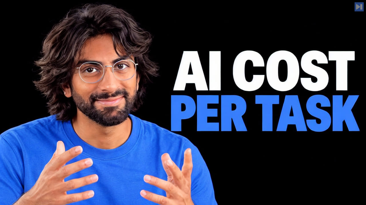 Rayan Krishnan gestures beside the blue and white headline AI COST PER TASK on a black background.