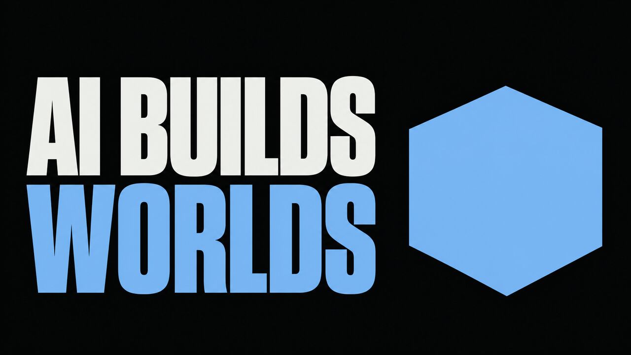 The words AI Builds Worlds beside a blue geometric world block
