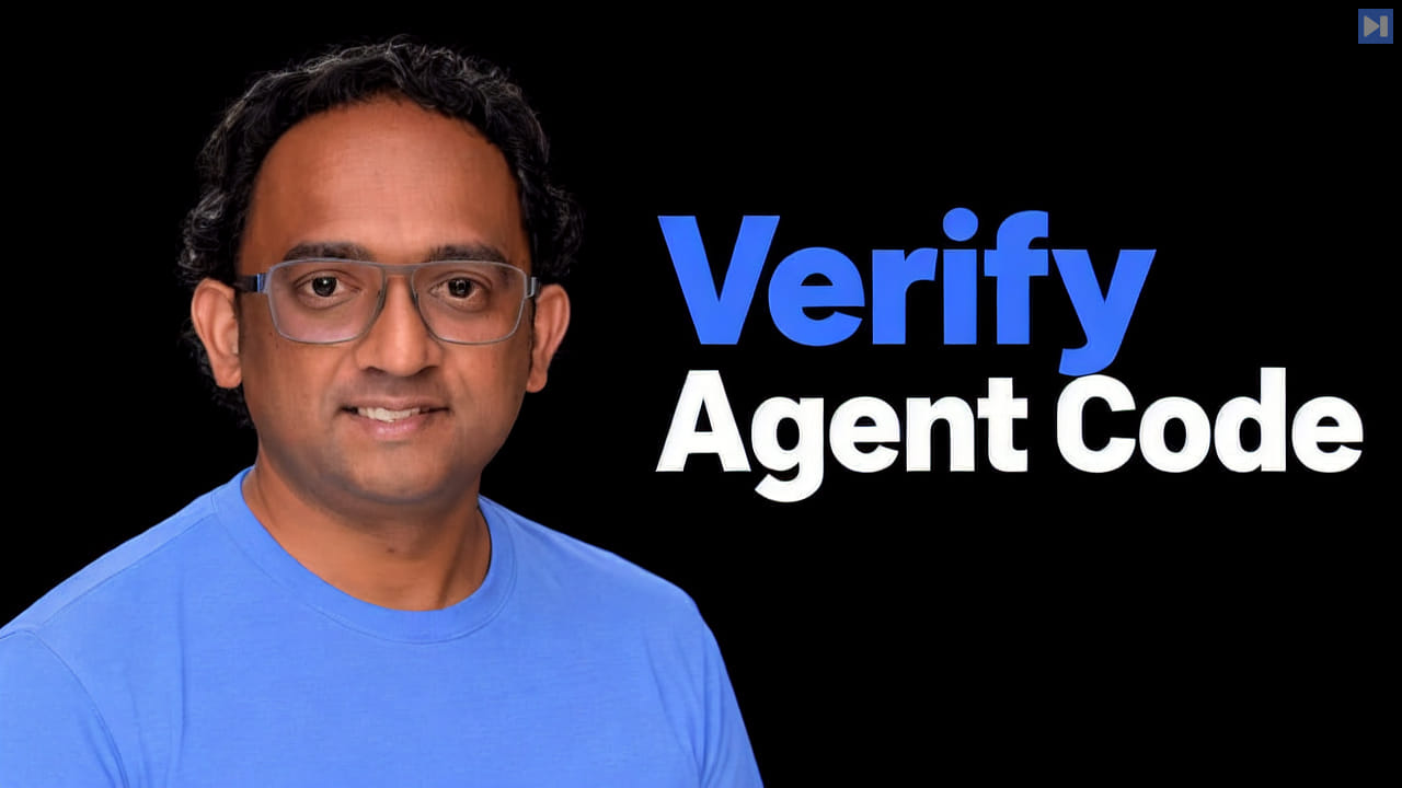 Gautam Korlam wearing glasses and a light-blue top on the left beside the blue and white Verify Agent Code headline on black.