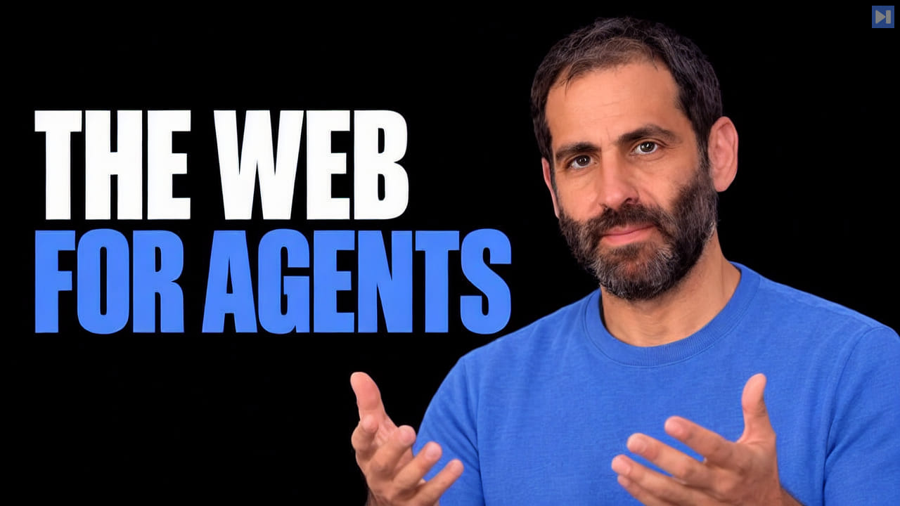 Liad Yosef in a blue top gestures beside the white and blue headline “The Web for Agents” on a black background.